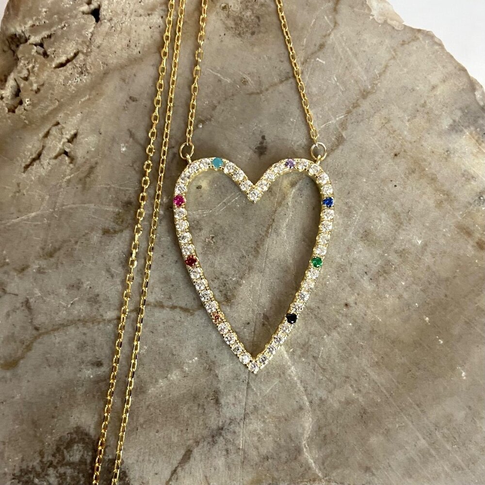 Gold Vermeil Sterling Silver 925 Open Heart Rainbow Pave Pendant Necklace 16-18" - Picture 3 of 16